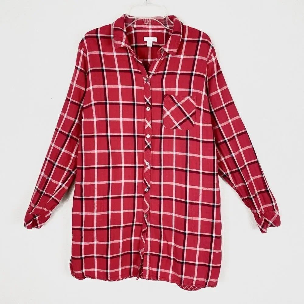 J. Jill Red & White Plaid Flannel Long Sleeve Button Up Tunic Shirt